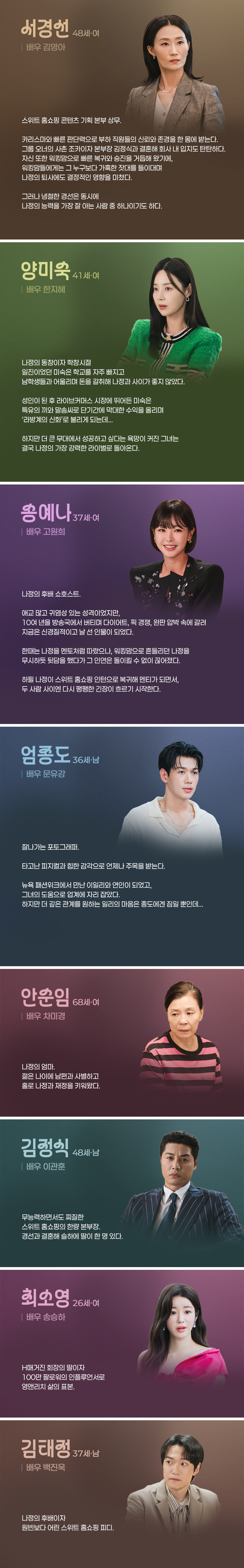 
					서경선(48세, 여 / 배우 김영아)

					스위트 홈쇼핑 콘텐츠 기획 본부 상무. 
					카리스마와 빠른 판단력으로 부하 직원들의 신뢰와 존경을 한 몸에 받는다. 그룹 오너의 사촌 조카이자 본부장 김정식과 결혼해 회사 내 입지도 탄탄하다. 
					자신 또한 워킹맘으로 빠른 복귀와 승진을 거듭해 왔기에, 워킹맘들에게는 그 누구보다 가혹한 잣대를 들이대며 나정의 퇴사에도 결정적인 영향을 미쳤다. 
					그러나 냉철한 경선은 동시에 나정의 능력을 가장 잘 아는 사람 중 하나이기도 하다. 


					양미숙(41세, 여 / 배우 한지혜)

					나정의 동창이자 학창시절 일진이었던 미숙은 학교를 자주 빠지고 남학생들과 어울리며 돈을 갈취해 나정과 사이가 좋지 않았다.
					성인이 된 후 라이브커머스 시장에 뛰어든 미숙은 특유의 끼와 말솜씨로 단기간에 막대한 수익을 올리며 ‘라방계의 신화’로 불리게 되는데... 
					하지만 더 큰 무대에서 성공하고 싶다는 욕망이 커진 그녀는 결국 나정의 가장 강력한 라이벌로 돌아온다.

					송예나(37세, 여 / 배우 고원희)

					나정의 후배 쇼호스트. 
					애교 많고 귀염성 있는 성격이었지만, 10여 년을 방송국에서 버티며 다이어트, 픽 경쟁, 완판 압박 속에 갈려 지금은 신경질적이고 날 선 인물이 되었다.
					한때는 나정을 멘토처럼 따랐으나, 워킹맘으로 흔들리던 나정을 무시하듯 뒷담을 했다가 그 인연은 돌이킬 수 없이 끊어졌다. 
					하필 나정이 스위트 홈쇼핑 인턴으로 복귀해 멘티가 되면서, 두 사람 사이엔 다시 팽팽한 긴장이 흐르기 시작한다.


					엄종도(36세, 남 / 배우 문유강)

					잘나가는 포토그래퍼.
					타고난 피지컬과 힙한 감각으로 언제나 주목을 받는다. 
					뉴욕 패션위크에서 만난 이일리와 연인이 되었고, 그녀의 도움으로 업계에 자리 잡았다.
					하지만 더 깊은 관계를 원하는 일리의 마음은 종도에겐 짐일 뿐인데...