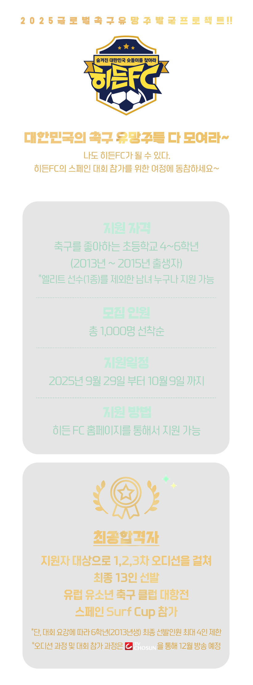 2025 글로벌 축구 유망주 발굴 프로젝트!!

				대한민국의 축구 유망주들 다 모여라~
				나도 히든FC이 될 수 있다.
				히든FC의 스페인 대회 참가를 위한 여정에 동참하세요~

				▶지원 자격
				 - 축구를 좋아하는 초등학교 4~6학년
				 (2013년 ~ 2015년 출생자)
				 *엘리트 선수(1종)를 제외한 남녀 누구나 지원 가능

				▶모집 인원
				 - 총 1,000명 선착순

				▶지원일정
				 - 2025년 9월 29일 부터 10월 9일 까지

				▶지원 방법
				 - 히든 FC 홈페이지를 통해서 지원 가능

				최종합격자
				⋅지원자 대상으로 1,2,3차 오디션을 걸쳐 최종 13인 선발
				⋅유럽 유소년 축구 클럽 대항전 스페인 Surf Cup 참가
				*단, 대회 요강에 따라 6학년(2013년생) 최종 선발인원 최대 4인 제한
				*오디션 과정 및 대회 참가 과정은 TV조선을 통해 12월 방송 예정
				
				본 사업은 문화체육관광부와 국민체육진흥공단의 재정 후원을 받아 시행하는 사업입니다.
				제작지원: 대한축구협회, 문화체육관광부, 국민체육진흥공단, 대한체육회
				공동기획운영:이노션