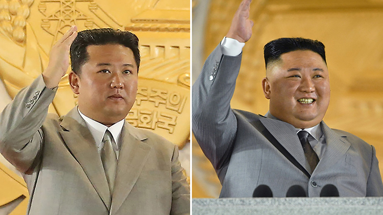 북한 김정은 당 총비서(왼쪽)가 9일 평양 김일성 광장에서 열린 정권 수립 73주년(9ㆍ9절) 경축 민간 및 안전무력 열병식에 참석하고 있다. 지난해 10월 10일 조선노동당 창건 75주년 경축 열병식에 참석한 모습(오른쪽)과 비교하면 확연히 체중 감량한 모습이 보인다. / 연합뉴스