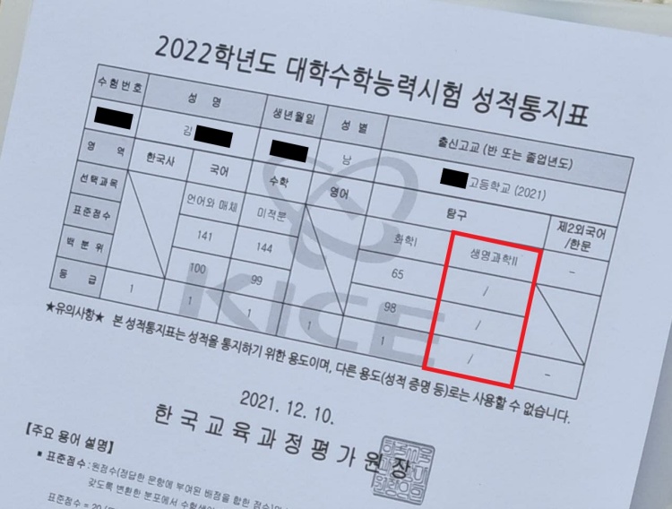 2022학년도 수능 응시생들이 지난 10일 배부받은 수능성적표. 생명과학Ⅱ 점수란이 비어있다. / 수험생 김 모 군 제공