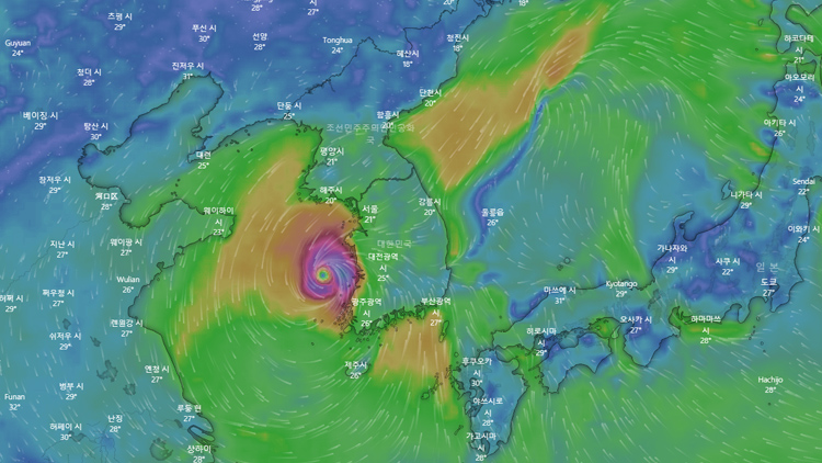 15일 오후 3시 기준 한반도 부군의 기상 예측 모습 /윈디닷컴 캡처