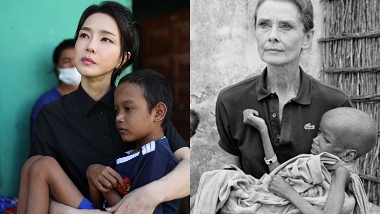 김건희 여사(왼쪽)가 지난 12일(현지시간) 캄보디아 프놈펜의 한 선천성 심장질환을 앓고 있는 환아의 집을 찾아 건강 상태를 살피고 있다. 배우 오드리 헵번이 소말리아 봉사활동에서 영양실조 어린이를 안고 있다./ 대통령실 제공·유니세프 홈페이지 캡처