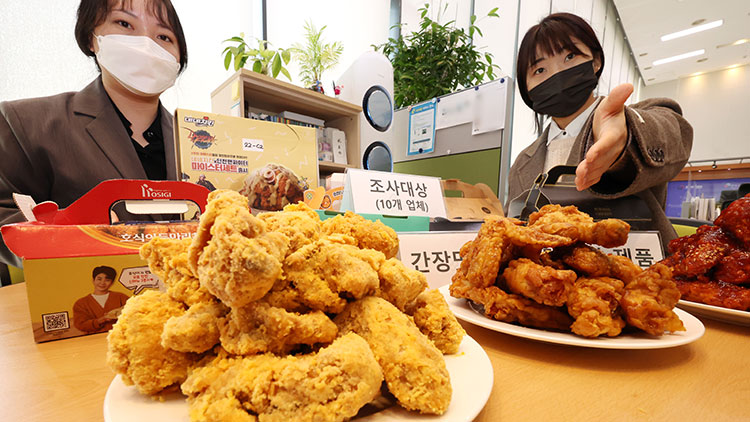 한국소비자원 관계자들이 15일 오전 세종시 정부세종청사에서 소비자 선호도가 높은 프랜차이즈 치킨 10개 브랜드 24개 제품을 대상으로 영양성분 등을 조사한 결과를 설명하고 있다. /연합뉴스