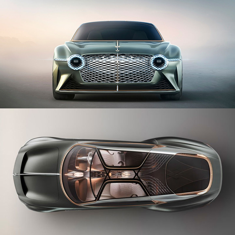 벤틀리가 2019년 100주년 기념모델로 선보인 컨셉카 'EXP 100 GT'. 전면부 헤드라이트와 그릴에만 6천여 개의 LED와 구리를 썼다. 문은 위로 올리는 '시저도어' 방식이다. 4개의 휠 구동축에 각각의 모터가 달린다. /벤틀리코리아 제공