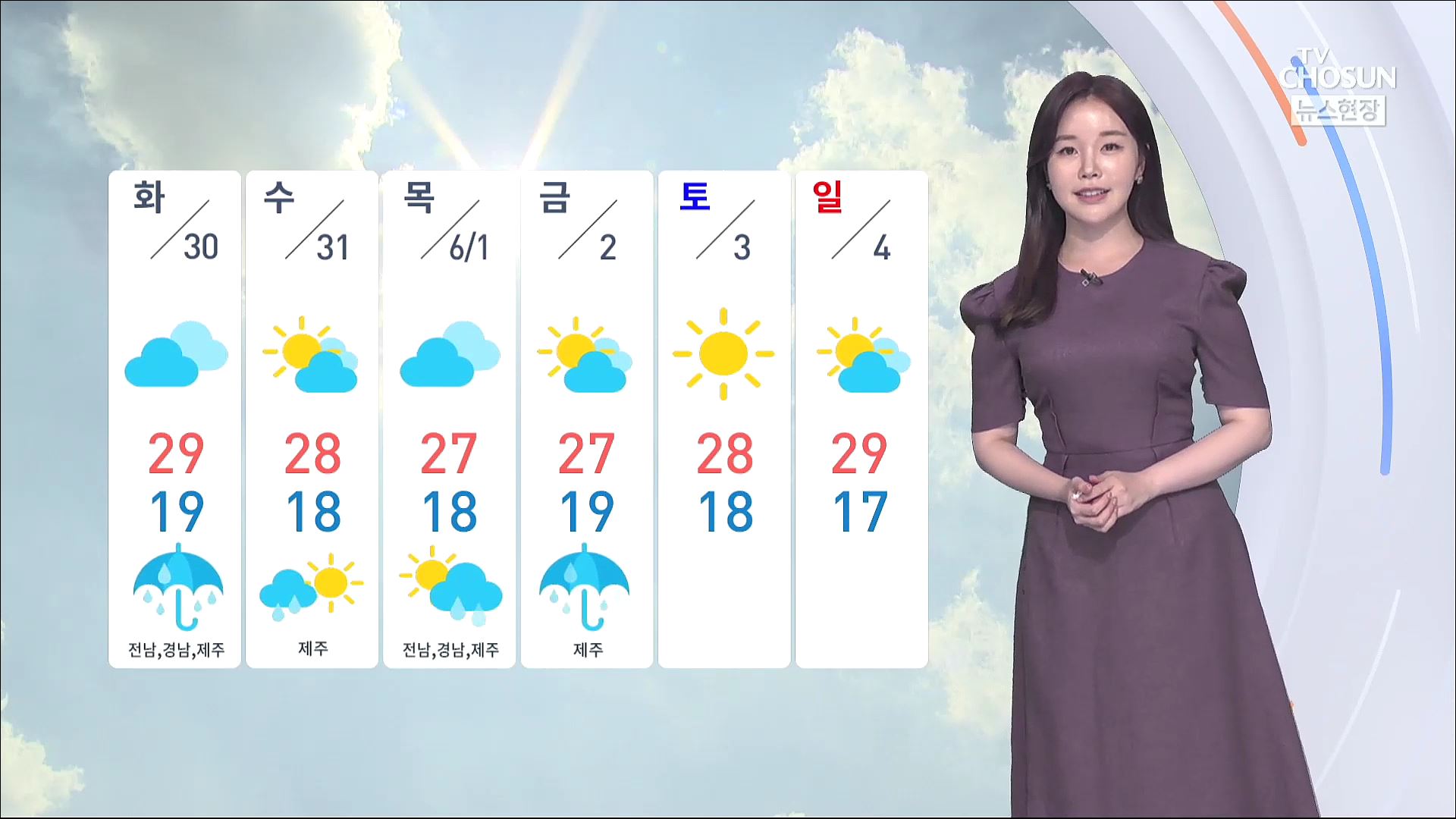 [날씨] '서울 29도' 중부 낮 더위…남부 세찬 비
