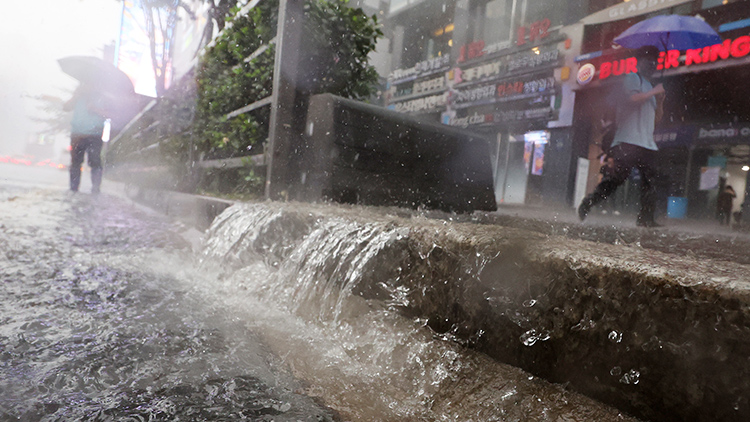 많은 양의 비가 내린 지난 13일 오후 서울강남역 11번출구 옆 배수구 위로 빗물이 흘러들어가고 있다. /연합뉴스