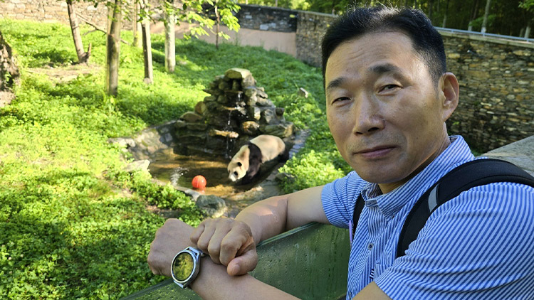 강철원 에버랜드 주키퍼가 5일 중국 쓰촨성 워룽 선수핑 판다기지를 방문해 푸바오와 기념 촬영하고 있다. /연합뉴스