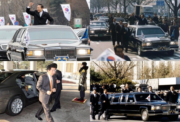 (왼쪽에서 시계방향으로)취임식 후 청와대로 가는 길에 카퍼레이드를 하고 있는 이명박, 김영삼, 김대중 대통령. 노무현 대통령이 BMW 760Li 시큐리티 의전차에서 내려 청와대 본관으로 들어서고 있다