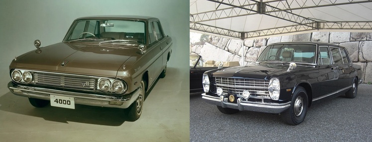 1965년 최초의 일본산 왕실 의전차 '닛산 프레지던트'의 동일 모델(좌), 1966년 닛산 프린스 로얄