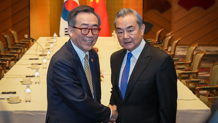 조태열 외교부 장관(왼쪽)과 왕이 중국공산당 중앙외사판공실 주임(외교부장 겸임)이 21일 도쿄의 한 호텔에서 열린 외교장관 회담에서 악수하며 기념 촬영하고 있다./ 외교부 제공