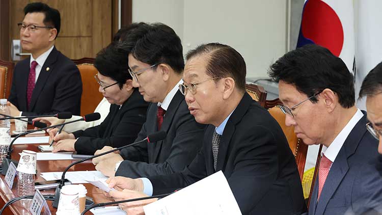 국민의힘 권영세 비상대책위원장(왼쪽 네번째)이 7일 국회에서 열린 비상대책위원회의에서 발언하고 있다. /연합뉴스 