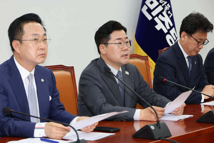 더불어민주당 박찬대 당대표 직무대행 겸 원내대표(가운데)가 17일 서울 여의도 국회에서 열린 원내대책회의에서 발언하고 있다. /연합뉴스