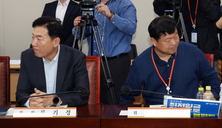 최저임금위원회 사용자위원인 류기정 한국경영자총협회 전무(왼쪽)와 근로자위원인 류기섭 한국노총 사무총장이 22일 정부세종청사에서 열린 내년도 최저임금 수준을 결정하기 위한 최저임금위원회 1차 전원회의에 나란히 자리하고 있다.  /연합뉴스