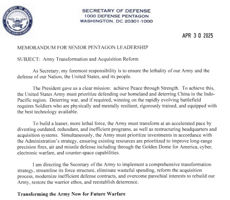 미 국방부가 공개한 '육군 전환 및 인수 개혁(Army Transformation and Acquisition Reform)' 계획