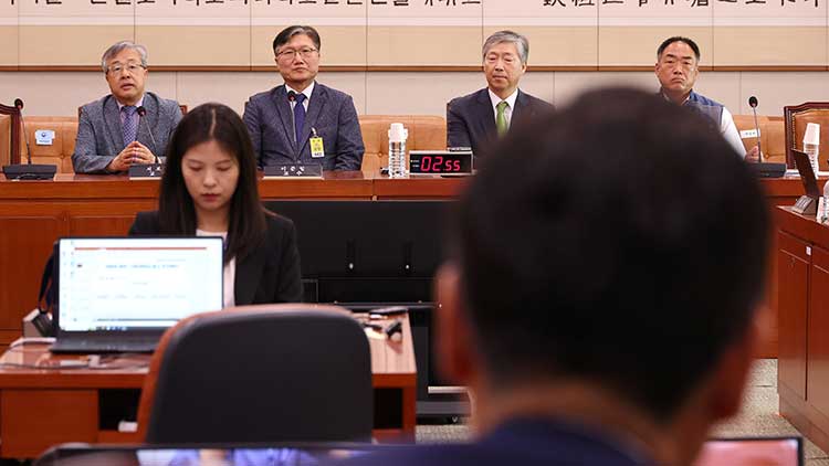 14일 국회에서 조희대 대법원장 등 사법부의 대선개입 의혹 진상규명 청문회가 열린 법제사법위원회 전체회의에 증인 및 참고인으로 출석한 서보학 경희대 법학전문대학원 교수(왼쪽부터), 이준일 고려대 법학전문대학원 교수, 서석호 변호사, 이성민 전국공무원노조 법원본부장 등이 더불어민주당 소속 정청래 의원의 질문에 답변하고 있다. /연합뉴스 