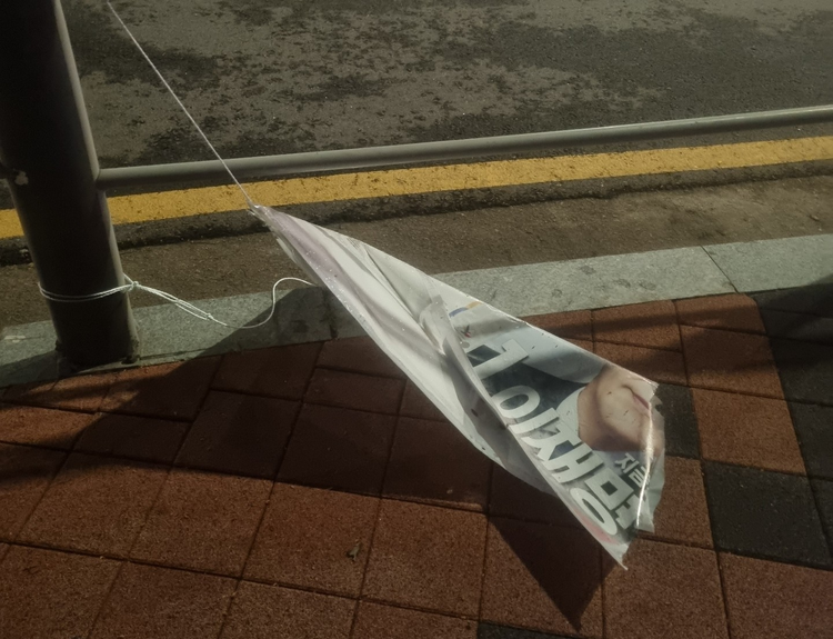 18일 새벽 서울 강북구 노상에 선거벽보가 훼손돼 있는 모습/온라인 중고거래 플랫폼 캡처