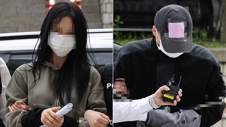 축구 국가대표팀 주장 손흥민의 아이를 임신했다고 주장하며 손씨에게 돈을 뜯어내려 한 20대 여성 양모씨(왼쪽)와 40대 남성 윤모씨가 지난 17일 영장실질심사를 받기 위해 서울중앙지법에 들어서고 있다. /연합뉴스  