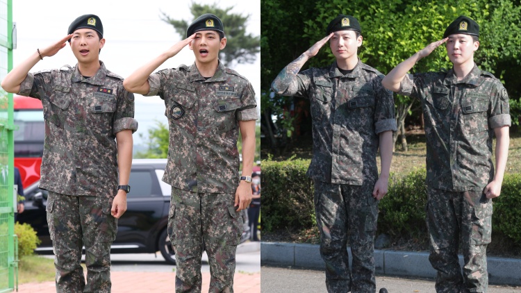 육군 현역 복무를 마치고 만기 전역한 그룹 방탄소년단(BTS)의 RM, 뷔, 정국, 지민 /연합뉴스
