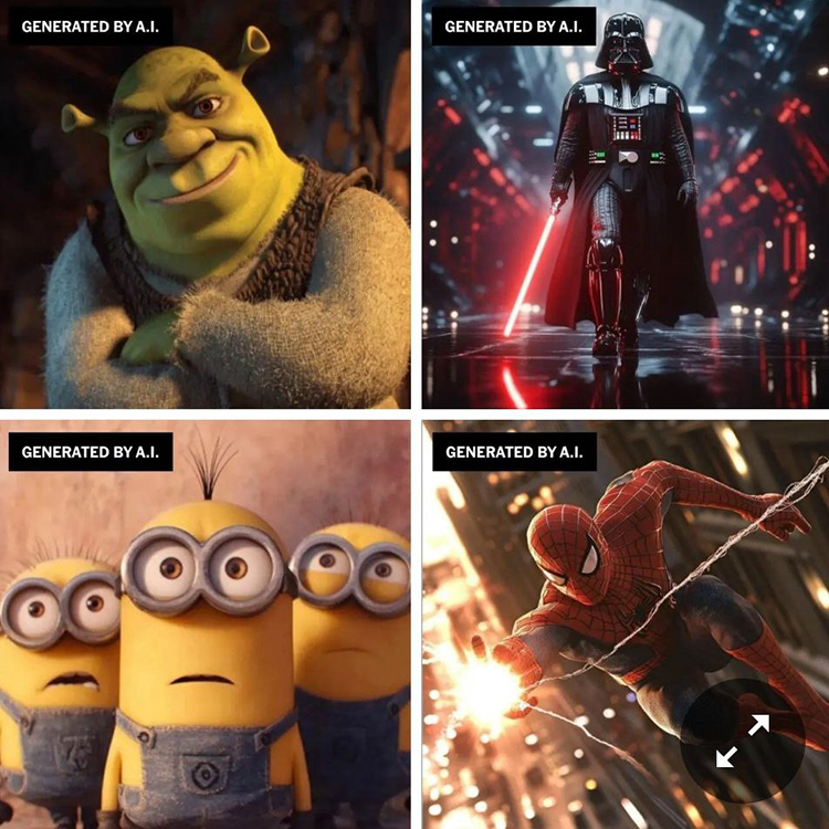 인공지능(AI) 이미지 생성 플랫폼 '미드저니'가 생성한 슈렉과 다스베이더, 미니언즈, 스파이더맨의 이미지들 / 뉴욕타임스(NYT) 캡쳐