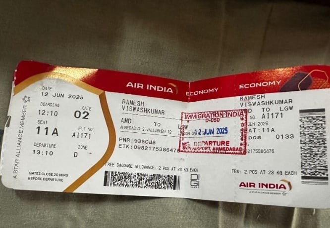 비슈와시 쿠마르 라메시가 소지하고 있던 탑승권. /힌두스탄 타임스 보도화면
