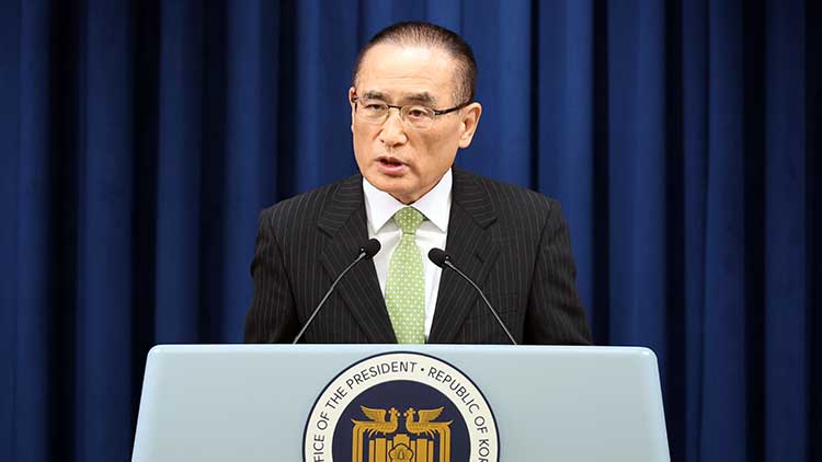 위성락 국가안보실장이 15일 서울 용산 대통령실에서 이재명 대통령 캐나다 G7 정상회의 참석 관련 설명을 하고 있다. /연합뉴스