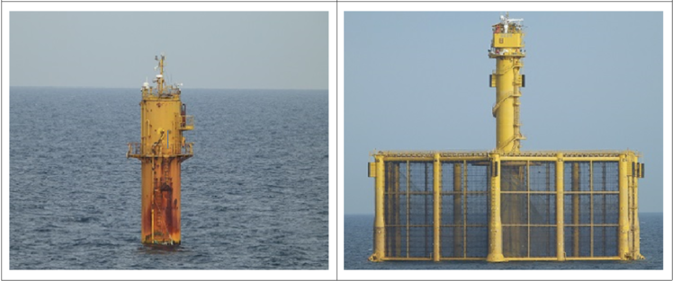 중국이 서해 잠정조치수역(PMZ)에 설치한 선란 1호(좌), 선란 2호(우) 사진 / 국민의힘 엄태영 의원실 제공