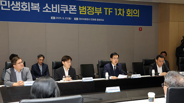 김민재 행정안전부 차관이 23일 정부세종청사 민원동 중회의실에서 열린 민생 회복 소비쿠폰 범정부 TF 1차 회의를 주재하고 있는 모습. /연합뉴스
