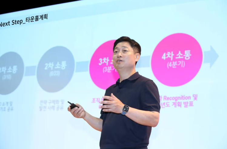 홍범식 사장이 타운홀미팅에서 전사 전략 방향을 발표했다. (출처:LG유플러스)