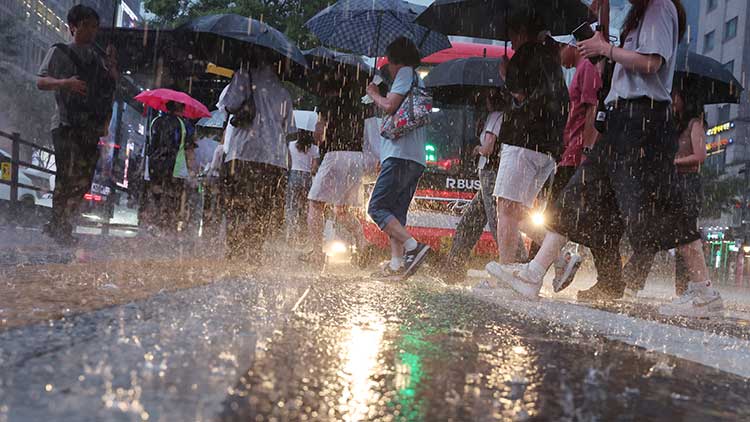 비가 내리는 16일 서울 강남역 인근에서 시민들이 우산을 쓴 채 이동하고 있다. 이날 기상청은 중부지방과 호남을 중심으로 많은 비를 예보했다. /연합뉴스 