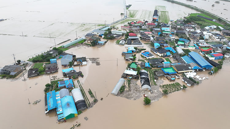 지난 17일 충남 예산군 삽교읍 용동3리 일대 마을이 폭우로 침수돼 있다. /연합뉴스
