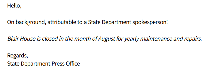 국무부가 25일(현지시간) TV조선 질의에 회신한 이메일