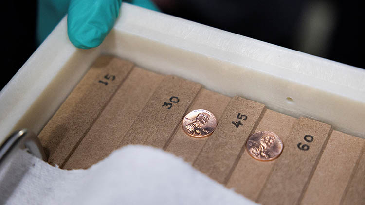 미국 재무부 장관 브랜든 비치가 필라델피아 소재 미국 조폐국을 방문해 유통용 1센트 동전(페니) 5개를 마지막으로 주조하는 모습. 이로써 미국에서 232년간 이어져 온 페니 생산이 종료되었다. /REUTERS=연합뉴스