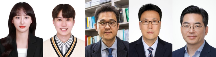 (왼쪽부터) 고려대&KIST 박예지 박사(제1저자), 고려대 화학과 김도엽 박사과정(제1저자), 성균관대 이상욱 교수(교신저자), KIST 유성종 박사(교신저자), 고려대 화학과 이광렬 교수(교신저자) / 제공 : 고려대학교
