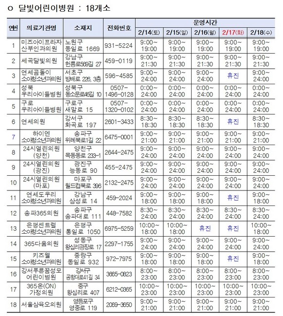 설 연휴 기간 운영되는 서울 시내 어린이병원 / 서울시 제공