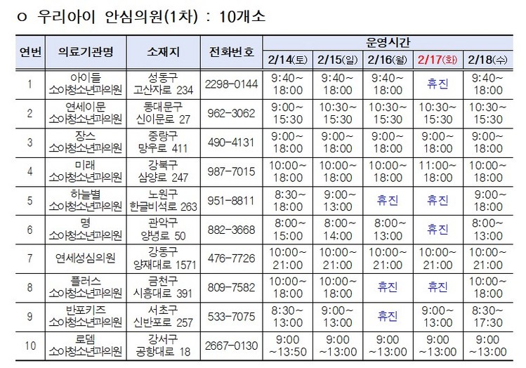 설 연휴 기간 운영되는 서울 시내 어린이병원 / 서울시 제공