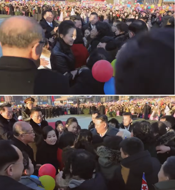 북한 주민들이 김주애에게까지 몰려들어 환호하자, 김정은은 김주애의 상황을 살피고 현송월이 주민들을 만류하고 있다. / 출처=조선중앙TV