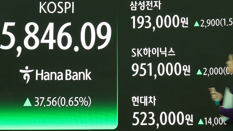 23일 서울 중구 하나은행 본점에서 직원이 증시 전광판 앞을 지나고 있다. 이날 코스피는 37.56p(0.65%) 오른 5,846.09로 장을 마쳤다. /연합뉴스