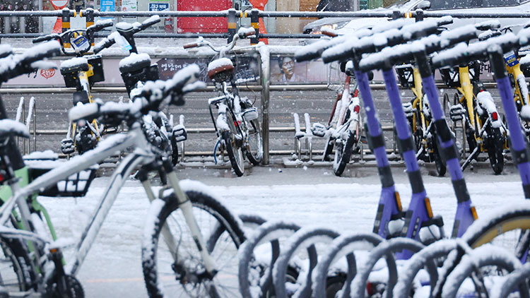 24일 대구에 대설주의보가 발효된 가운데 중구 도심에 눈이 쌓이고 있다. /연합뉴스