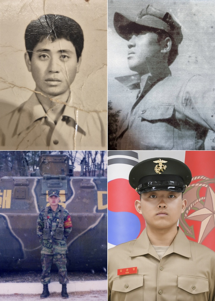  1대 해병 김재찬 옹(왼쪽 위부터 시계 방향), 2대 해병 김은일 옹, 4대 해병 김준영 이병, 3대 해병 김철민 씨.  /해병대 제공 