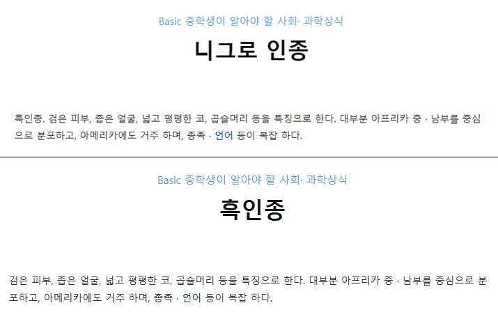 '니그로 인종' 편향 서술 수정 전(위쪽)과 수정 후(아래쪽) /반크 제공